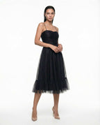 Robe de soirée noire élégante midi avec corset
