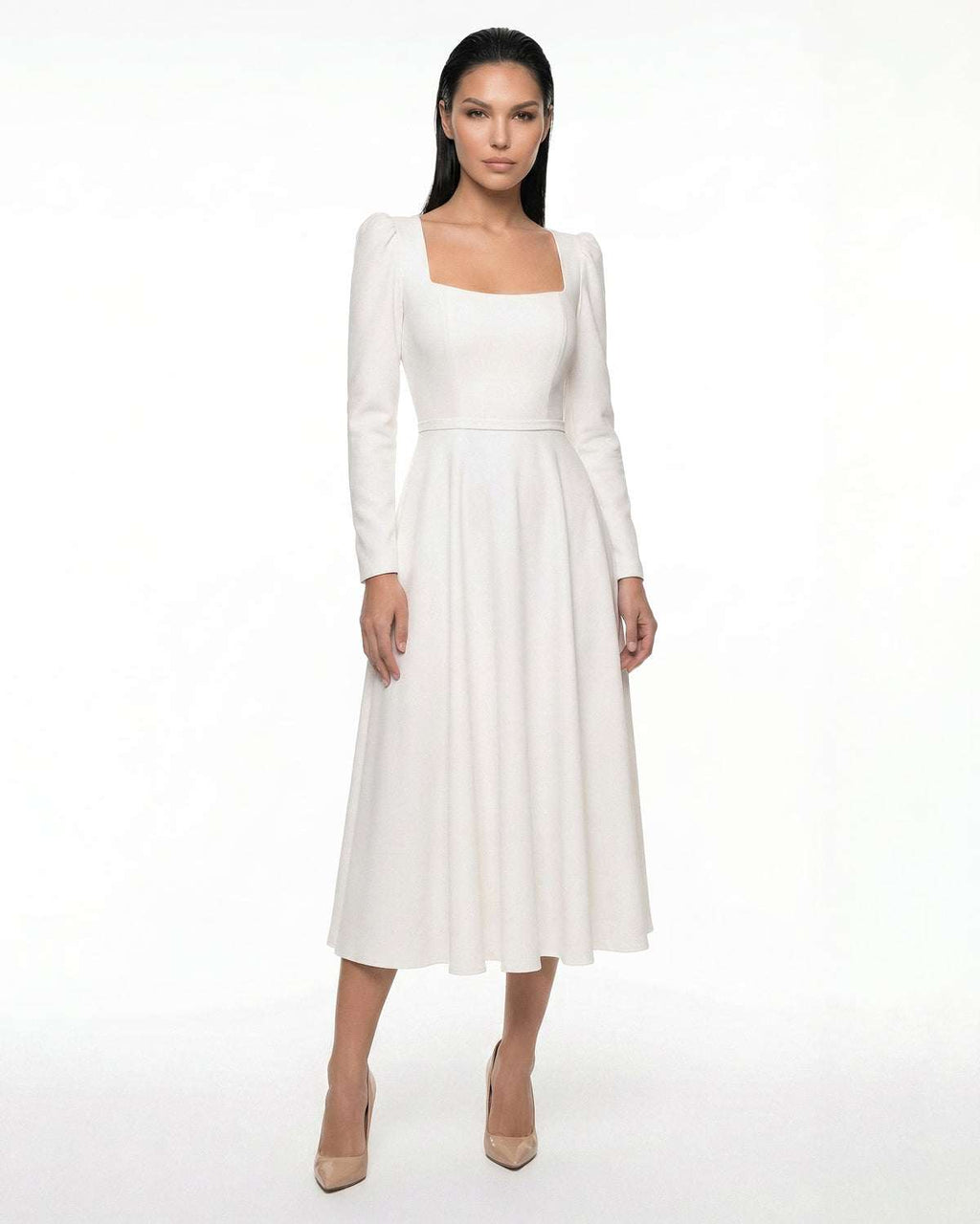 Robe blanche midi à manches longues en crêpe pour mariage civil, religieux