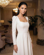 Robe blanche midi à manches longues en crêpe pour mariage civil, religieux