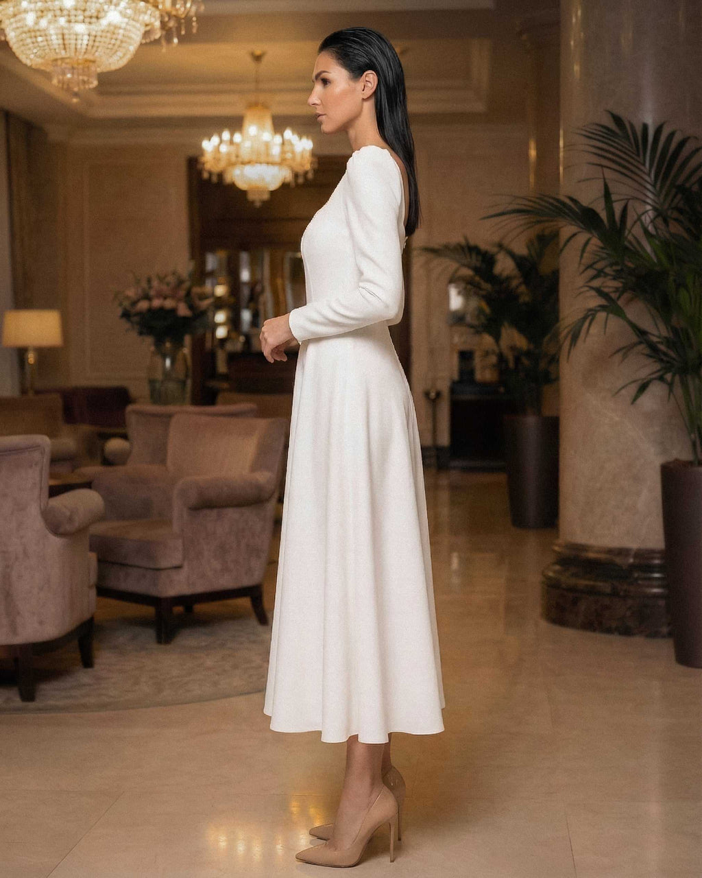Robe blanche midi à manches longues en crêpe pour mariage civil, religieux