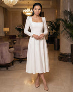 Robe blanche midi à manches longues en crêpe pour mariage civil, religieux