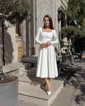 Robe blanche midi à manches longues en crêpe pour mariage civil, religieux