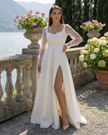 Robe de mariée blanche longue élégante en satin avec fente, manches longues
