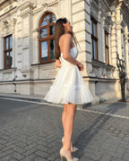 Rochie de ocazie alba scurta din dantela cu corset - BELLADRESS