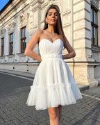 Rochie de ocazie alba scurta din dantela cu corset - BELLADRESS